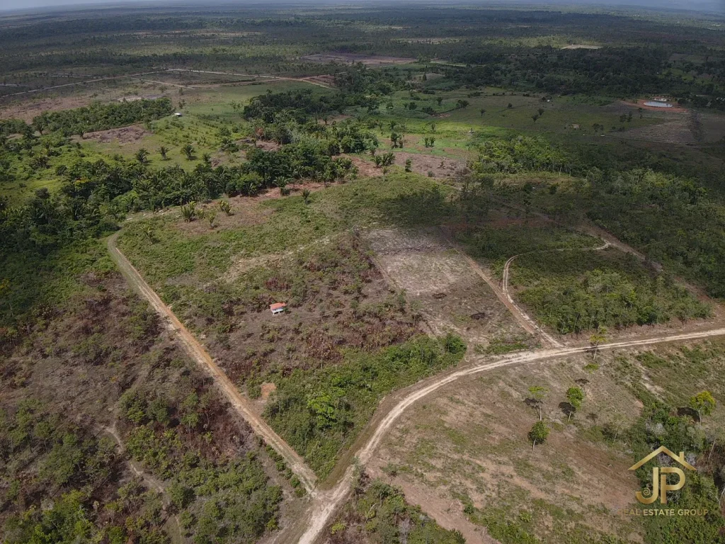 Santa Cruz Stann Creek land for sale aerial view with road and open acreage - JP Real Estate Group