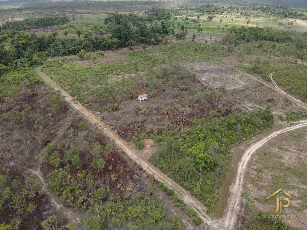 creekfront land in Belize aerial view with access roads and surrounding farms - JP Real Estate Group