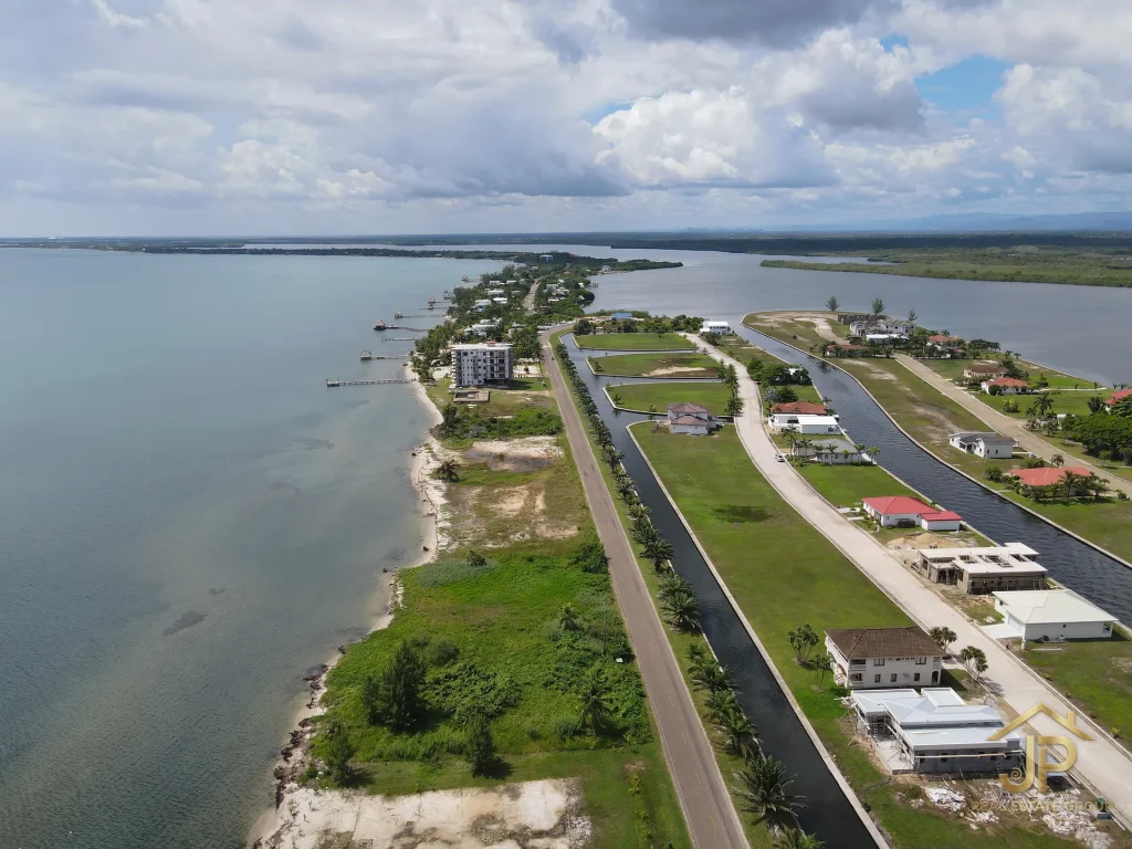 beachfront lots for sale near Placencia Belize road-to-shoreline view - JP Real Estate Group