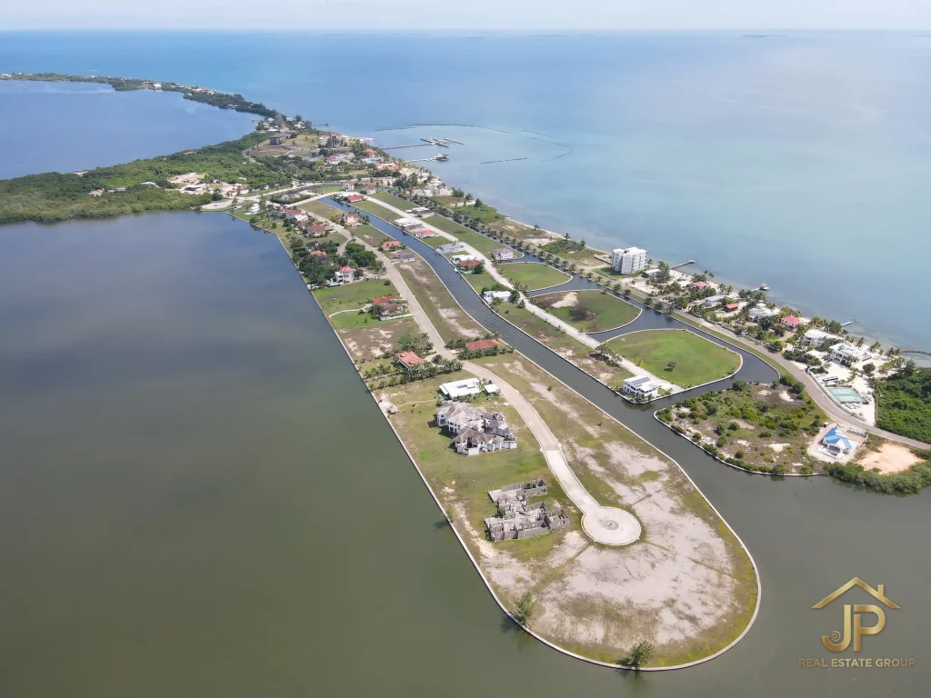Plantation Placencia beachfront land aerial overview of peninsula and waterways - JP Real Estate Group