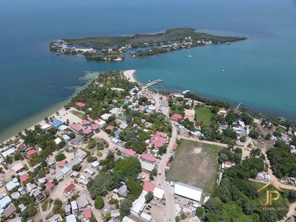 Placencia Village real estate aerial overview with beach and village services nearby - JP Real Estate Group