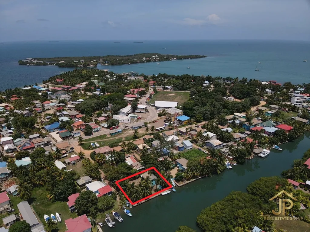 Placencia Village waterfront property aerial map view near Caribbean shoreline - JP Real Estate Group