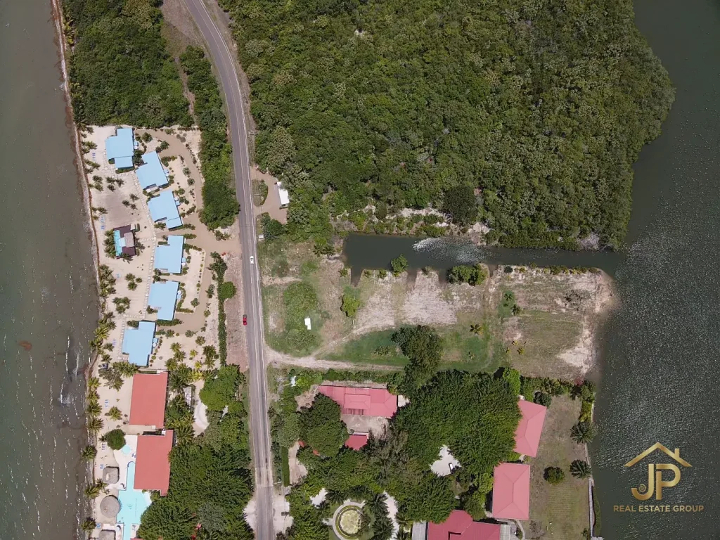 top-down aerial of commercial lots with Placencia Road frontage Maya Beach - JP Real Estate Group