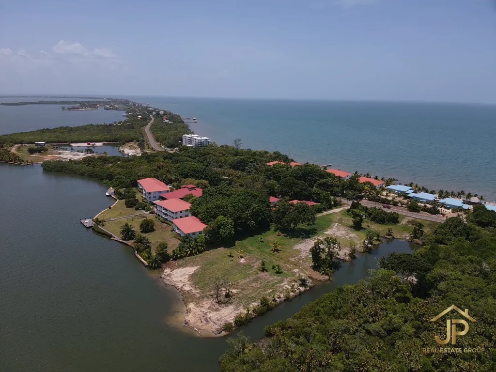 lagoon front building lots Maya Beach Placencia aerial with Caribbean Sea and lagoon context - JP Real Estate Group