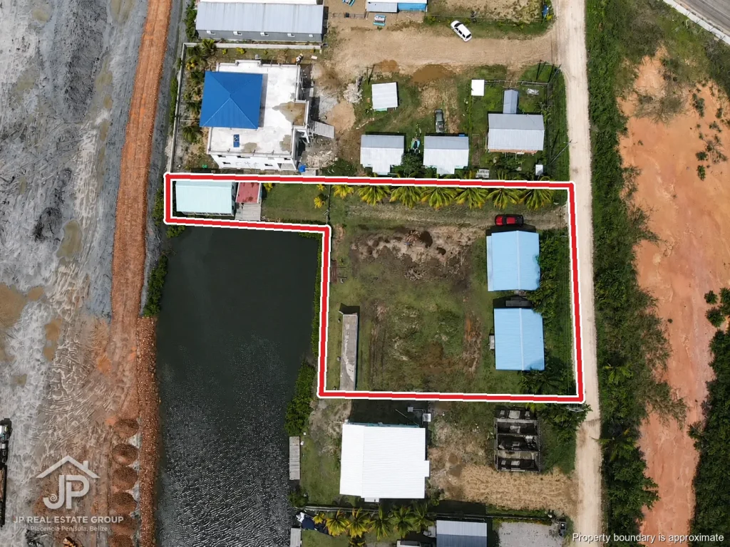 Canal-front property boundary aerial, Vista Cove, Placencia Peninsula