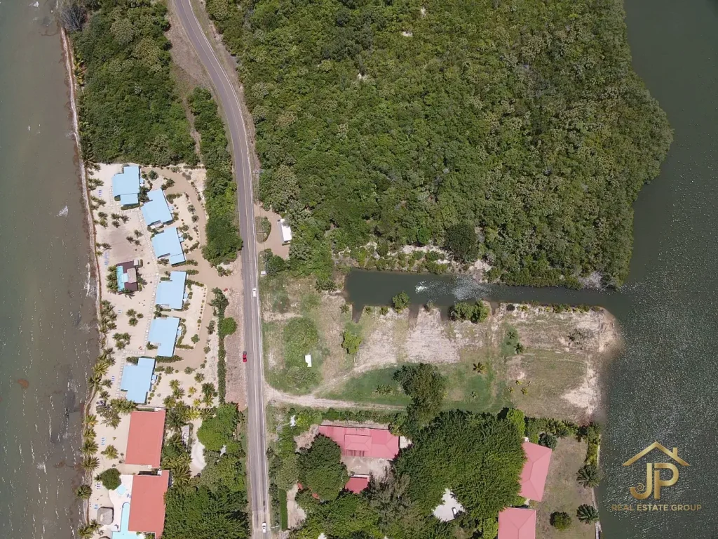 top-down aerial of 2.3 acre subdivided development parcel with private canal Maya Beach Placencia - JP Real Estate Group