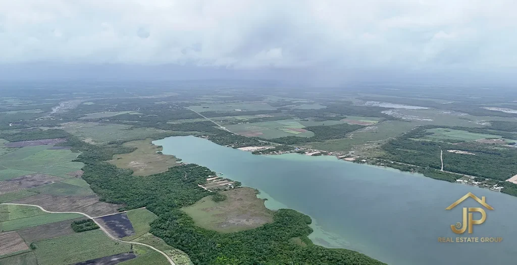 Aerial view of agricultural fields and a lagoon near Chetumal
