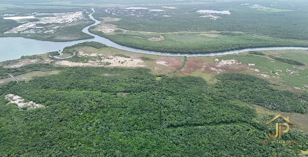 Aerial view of forested land and river channels in Corozal District