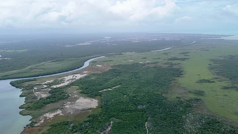 Aerial view of rural land and waterways near Chetumal in Corozal District