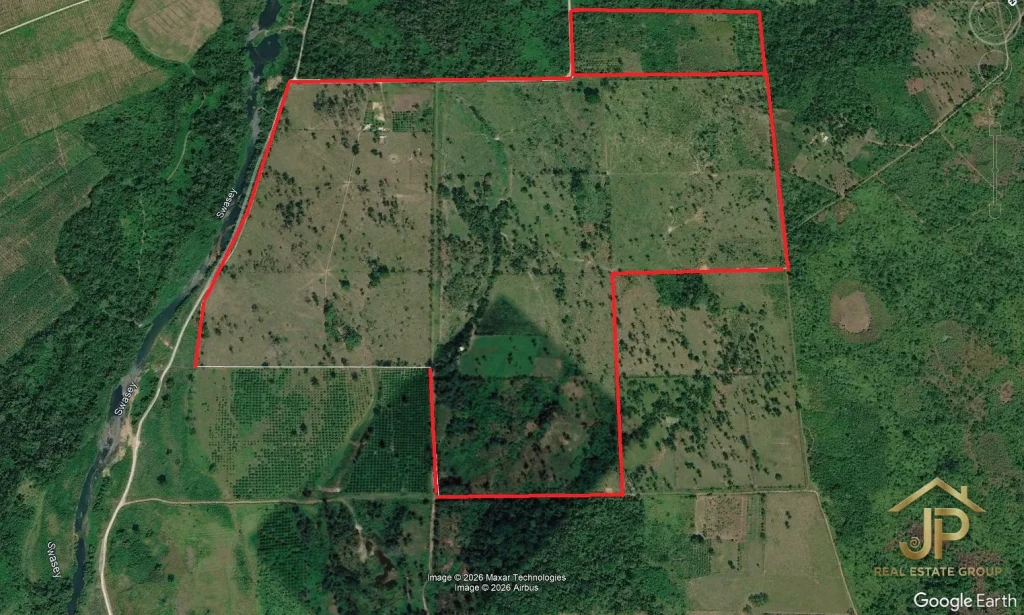 riverfront ranch for sale in Belize aerial river view - JP Real Estate Group