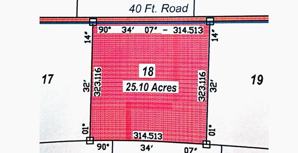 Parcel plan showing the 25-acre lot and 40-foot access road