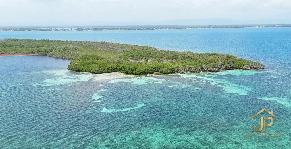 Aerial shoreline view of the island and surrounding shallow waters near Placencia
