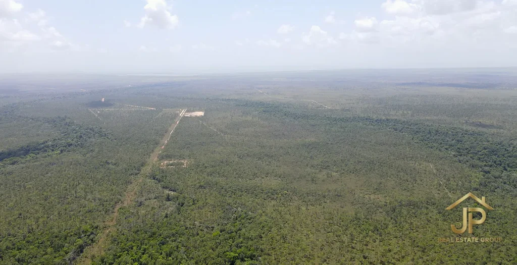 Wide aerial view across tropical land near the 968-acre Kendall property