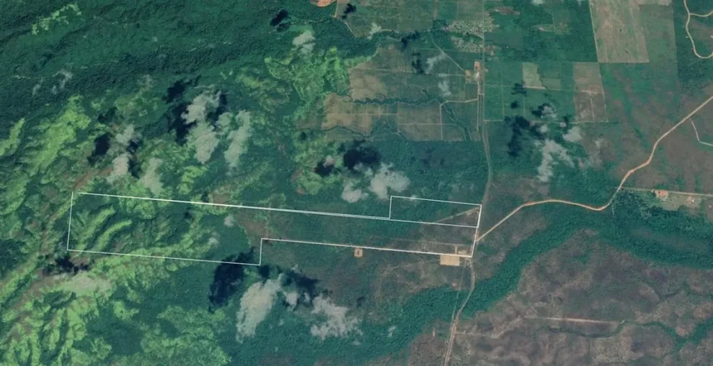 Satellite reference image showing the outlined 968-acre parcel near Kendall, Stann Creek