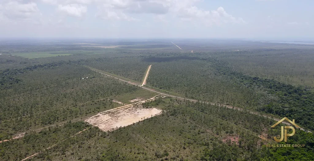 Aerial view of a roadway and cleared area near the Kendall property