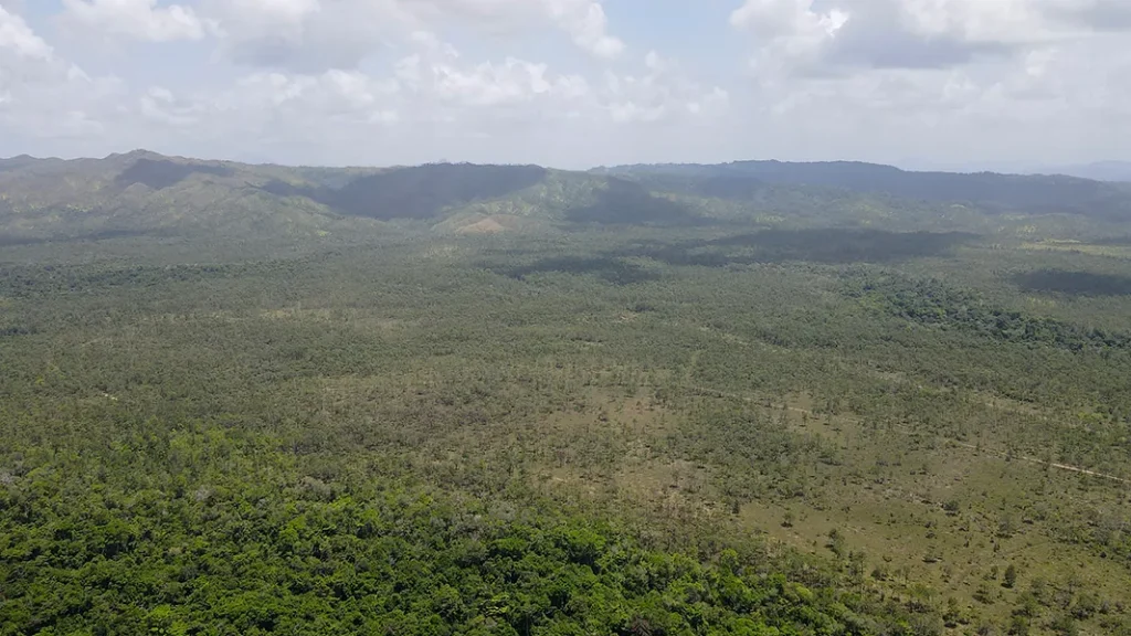 Aerial view of tropical hills and lowland near the 968-acre Kendall property in Stann Creek, Belize