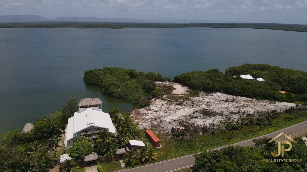 lagoonfront land for sale in Placencia Belize aerial waterfront view - JP Real Estate Group