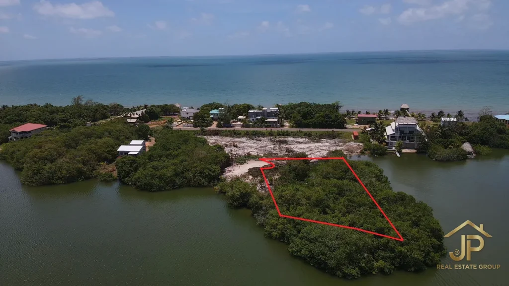 303 foot lagoonfront parcel marked aerial in Placencia Belize - JP Real Estate Group