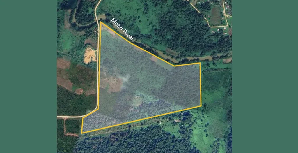 Property map showing the 97-acre parcel boundary along the Moho River