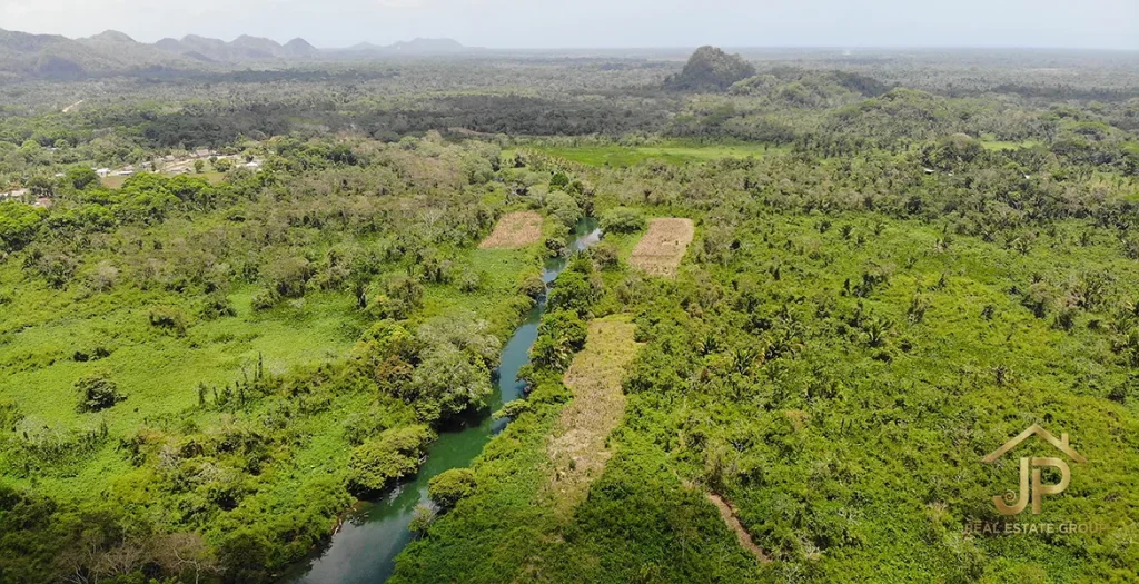 Aerial view of the Moho River and surrounding rural landscape in Toledo District